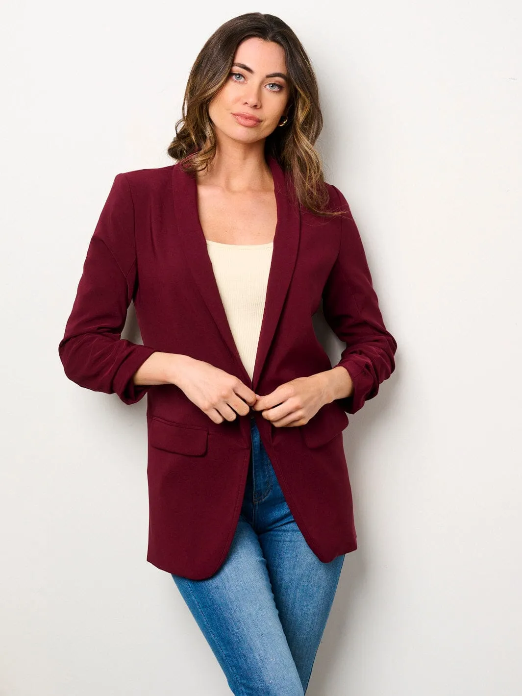 WOMEN'S 3/4 RUCHED SLEEVES OPEN FRONT POCKETS BLAZER