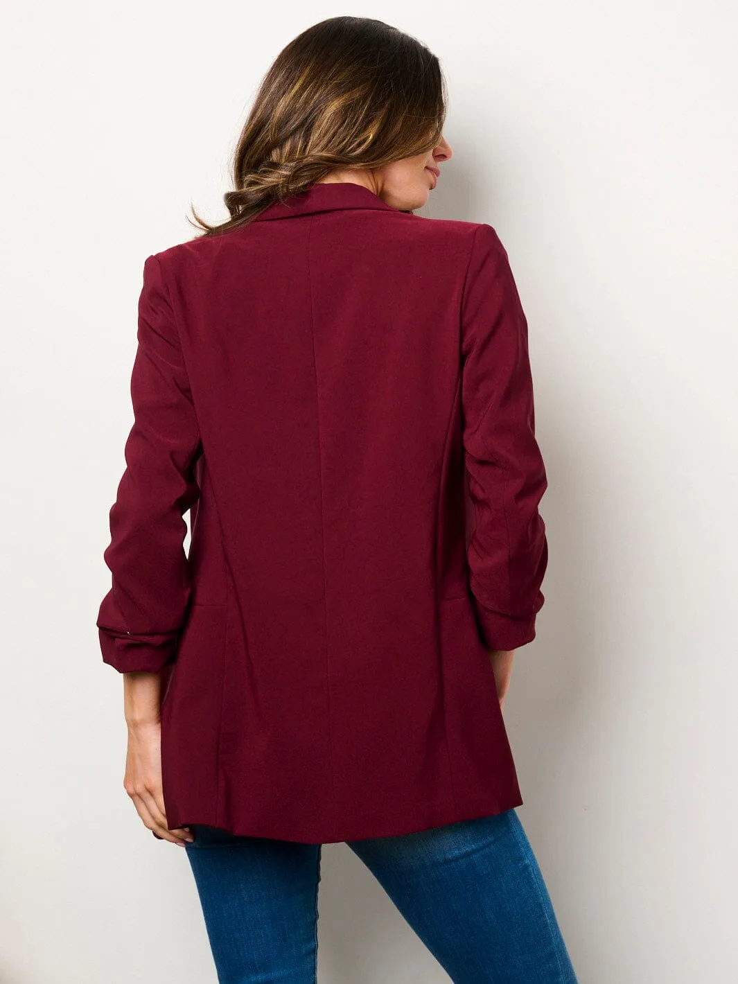 WOMEN'S 3/4 RUCHED SLEEVES OPEN FRONT POCKETS BLAZER