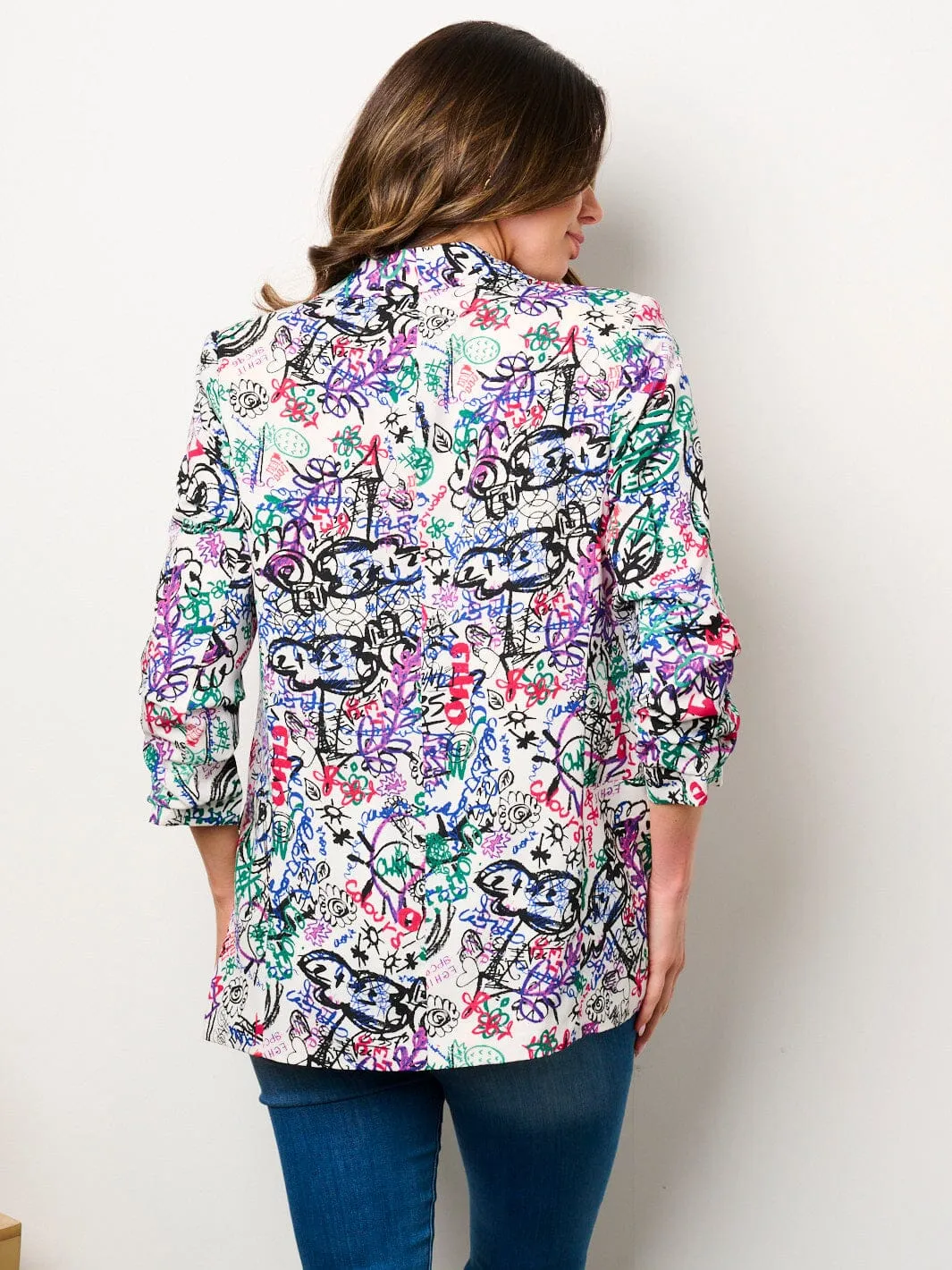WOMEN'S 3/4 RUCHED SLEEVES OPEN FRONT POCKETS PRINTED BLAZER