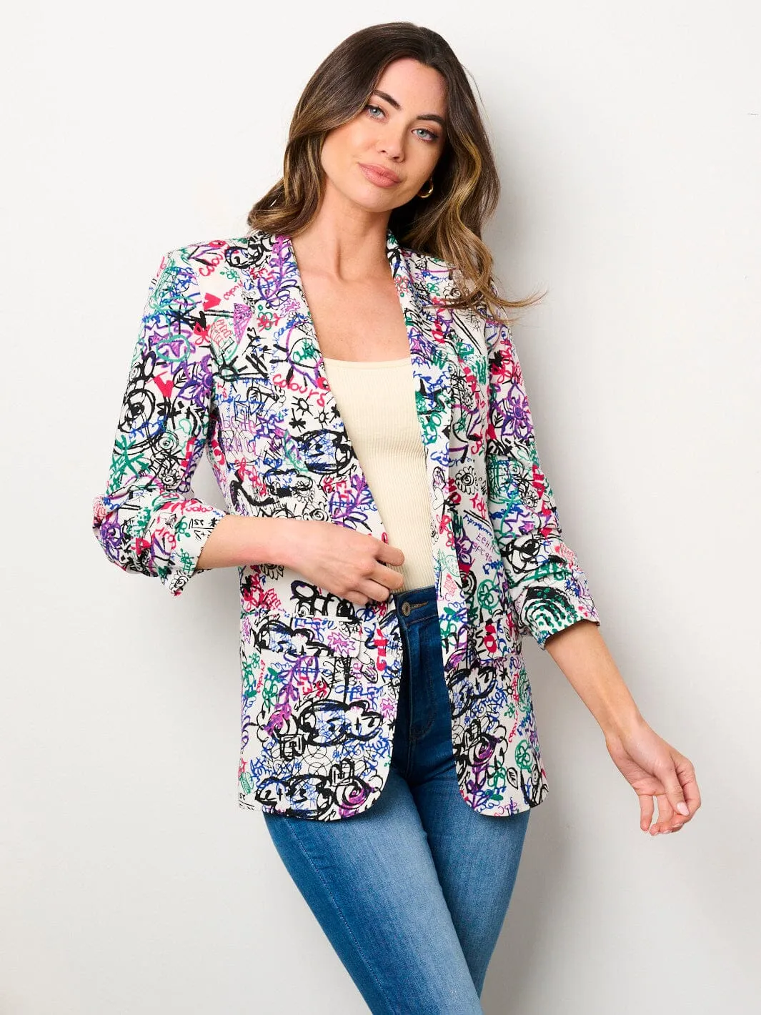 WOMEN'S 3/4 RUCHED SLEEVES OPEN FRONT POCKETS PRINTED BLAZER