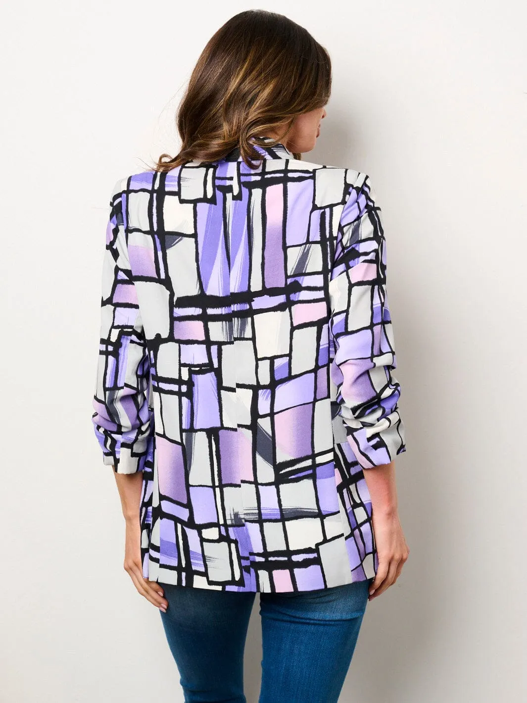WOMEN'S 3/4 RUCHED SLEEVES OPEN FRONT POCKETS PRINTED BLAZER