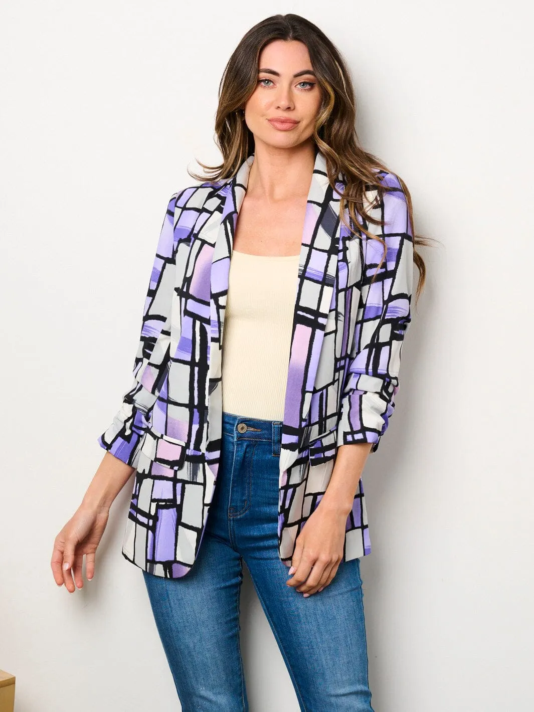 WOMEN'S 3/4 RUCHED SLEEVES OPEN FRONT POCKETS PRINTED BLAZER