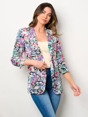 WOMEN'S 3/4 RUCHED SLEEVES OPEN FRONT POCKETS PRINTED BLAZER