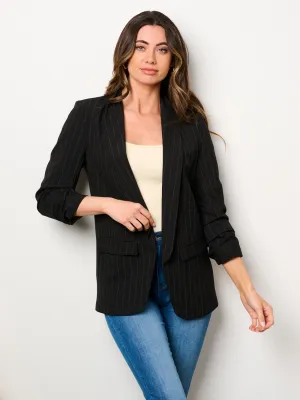 WOMEN'S 3/4 RUCHED SLEEVES OPEN FRONT POCKETS STRIPES BLAZER