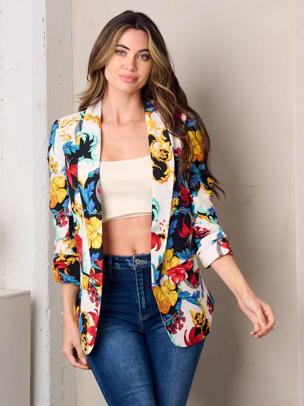 WOMEN'S 3/4 SLEEVE OPEN FRONT FLORAL PRINT BLAZER