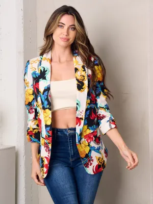 WOMEN'S 3/4 SLEEVE OPEN FRONT FLORAL PRINT BLAZER