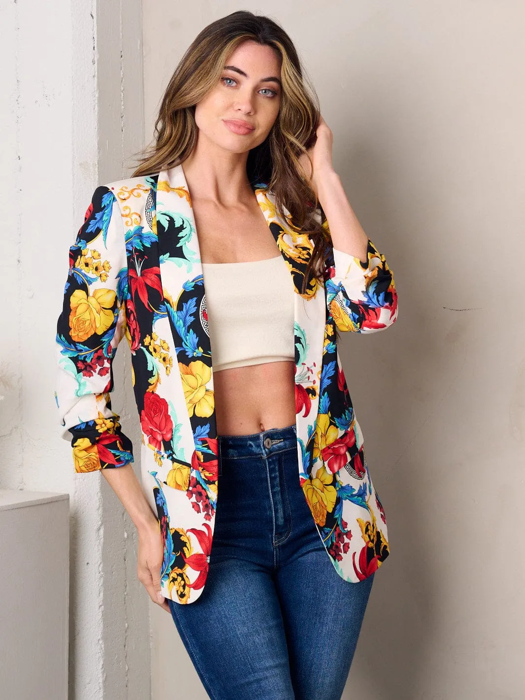 WOMEN'S 3/4 SLEEVE OPEN FRONT FLORAL PRINT BLAZER