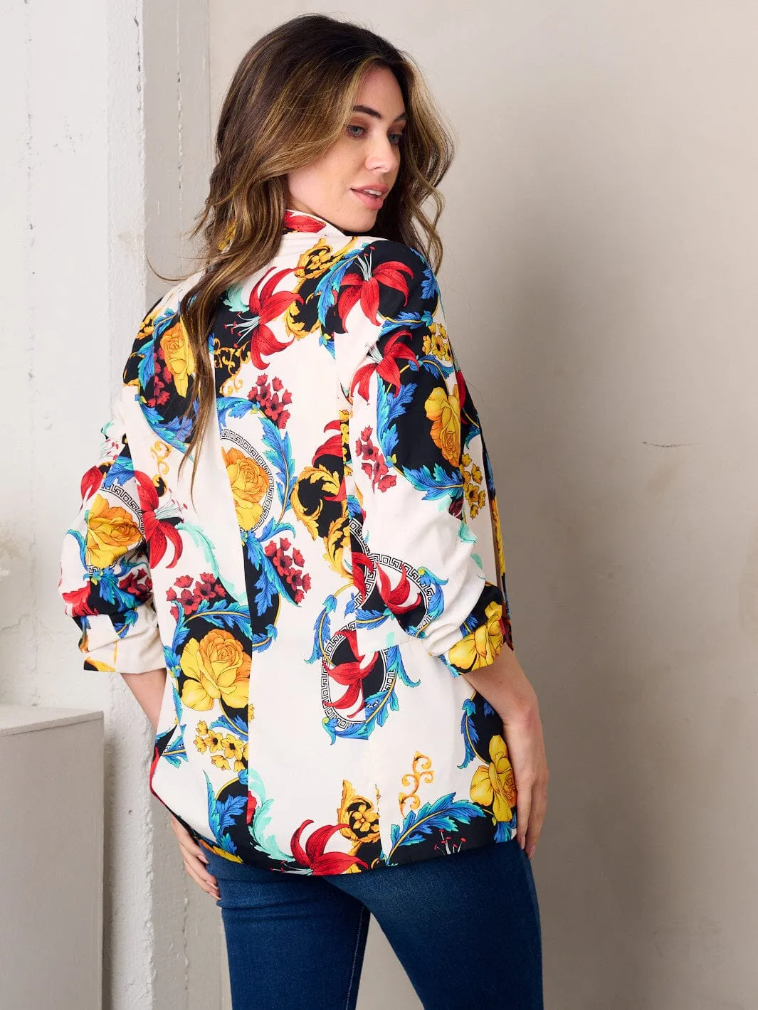 WOMEN'S 3/4 SLEEVE OPEN FRONT FLORAL PRINT BLAZER