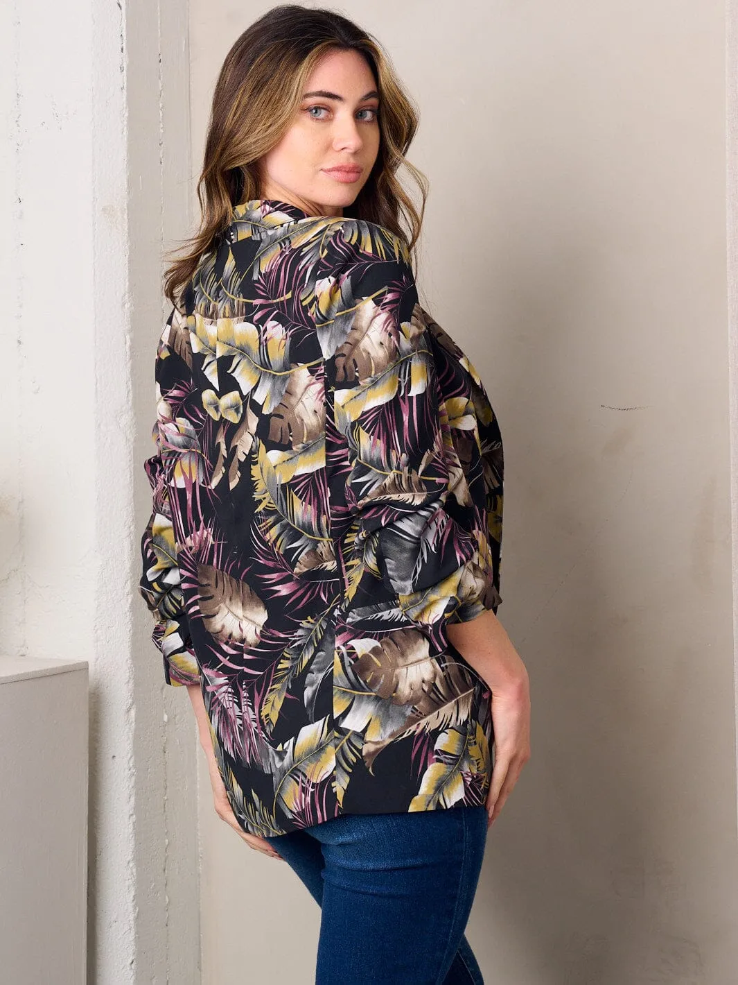 WOMEN'S 3/4 SLEEVE OPEN FRONT LEAF PRINT BLAZER
