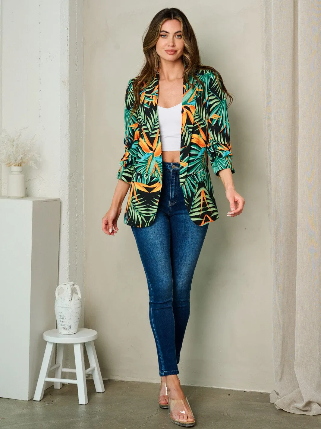 WOMEN'S 3/4 SLEEVE OPEN FRONT LEAF PRINT BLAZER