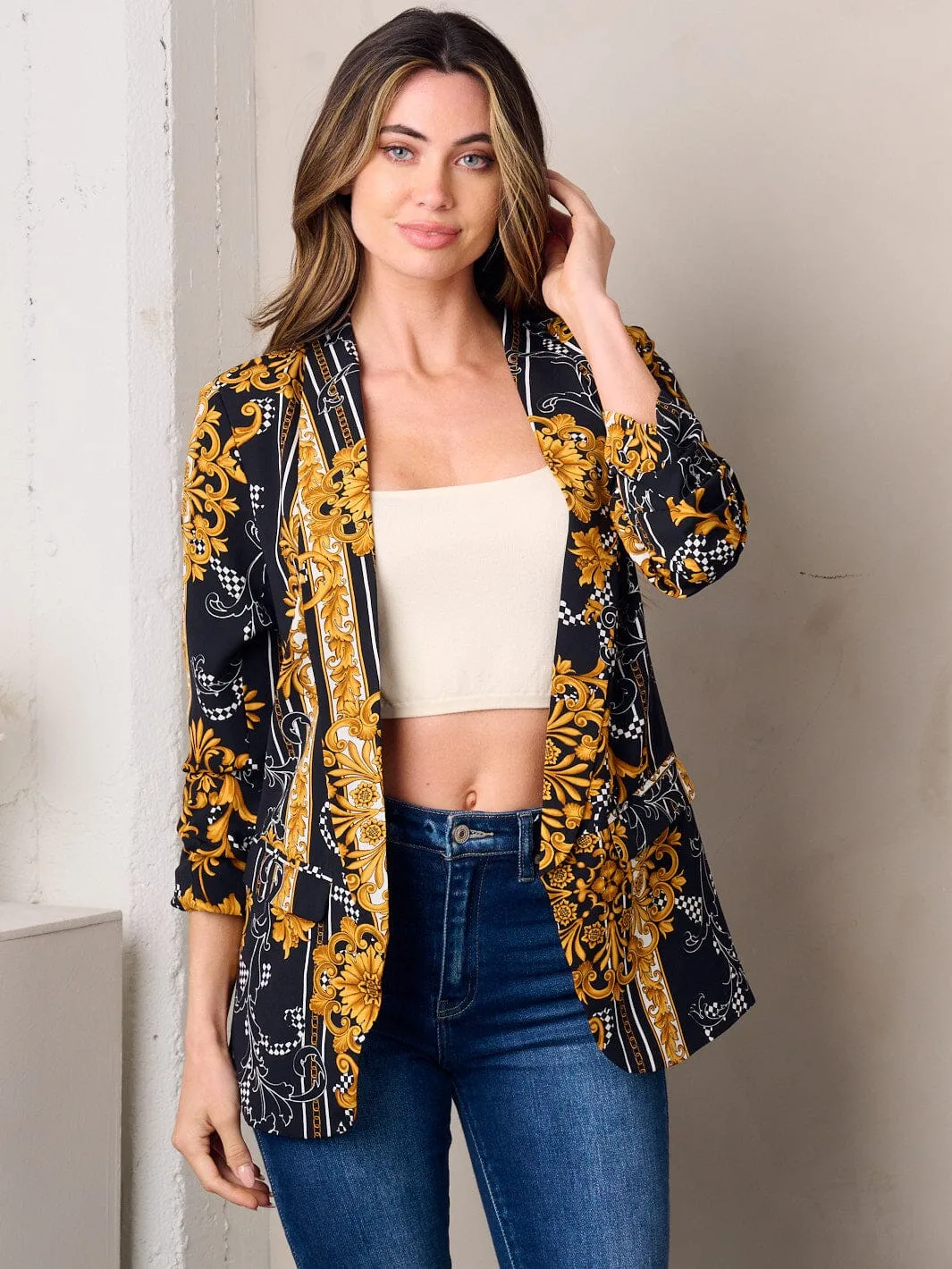 WOMEN'S 3/4 SLEEVE OPEN FRONT MULTI PRINT BLAZER