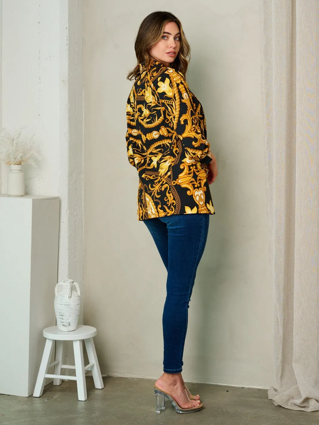 WOMEN'S 3/4 SLEEVE OPEN FRONT MULTI PRINT BLAZER