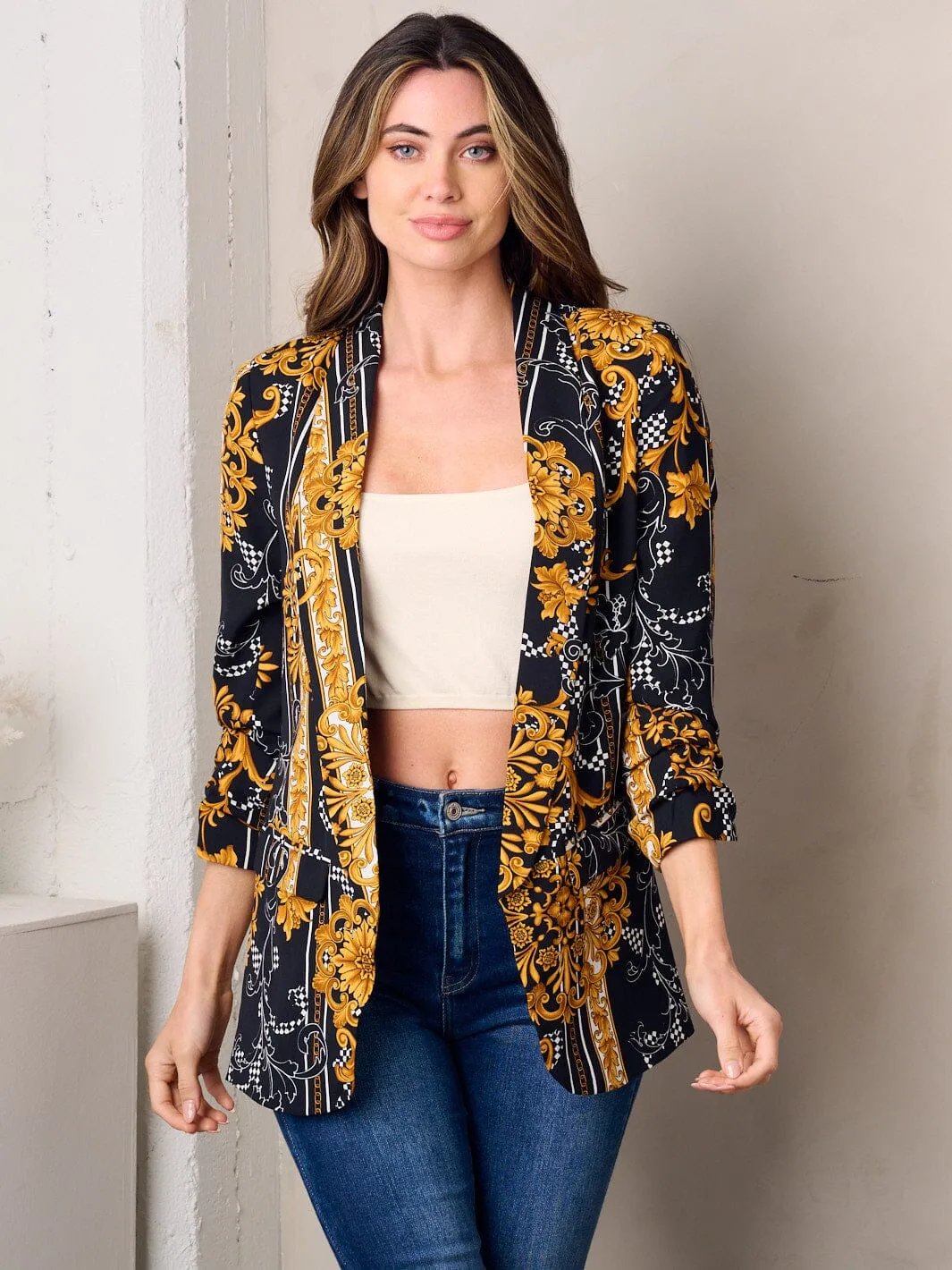 WOMEN'S 3/4 SLEEVE OPEN FRONT MULTI PRINT BLAZER