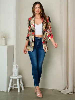 WOMEN'S 3/4 SLEEVE OPEN FRONT MULTI PRINT BLAZER