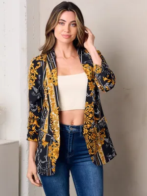 WOMEN'S 3/4 SLEEVE OPEN FRONT MULTI PRINT BLAZER