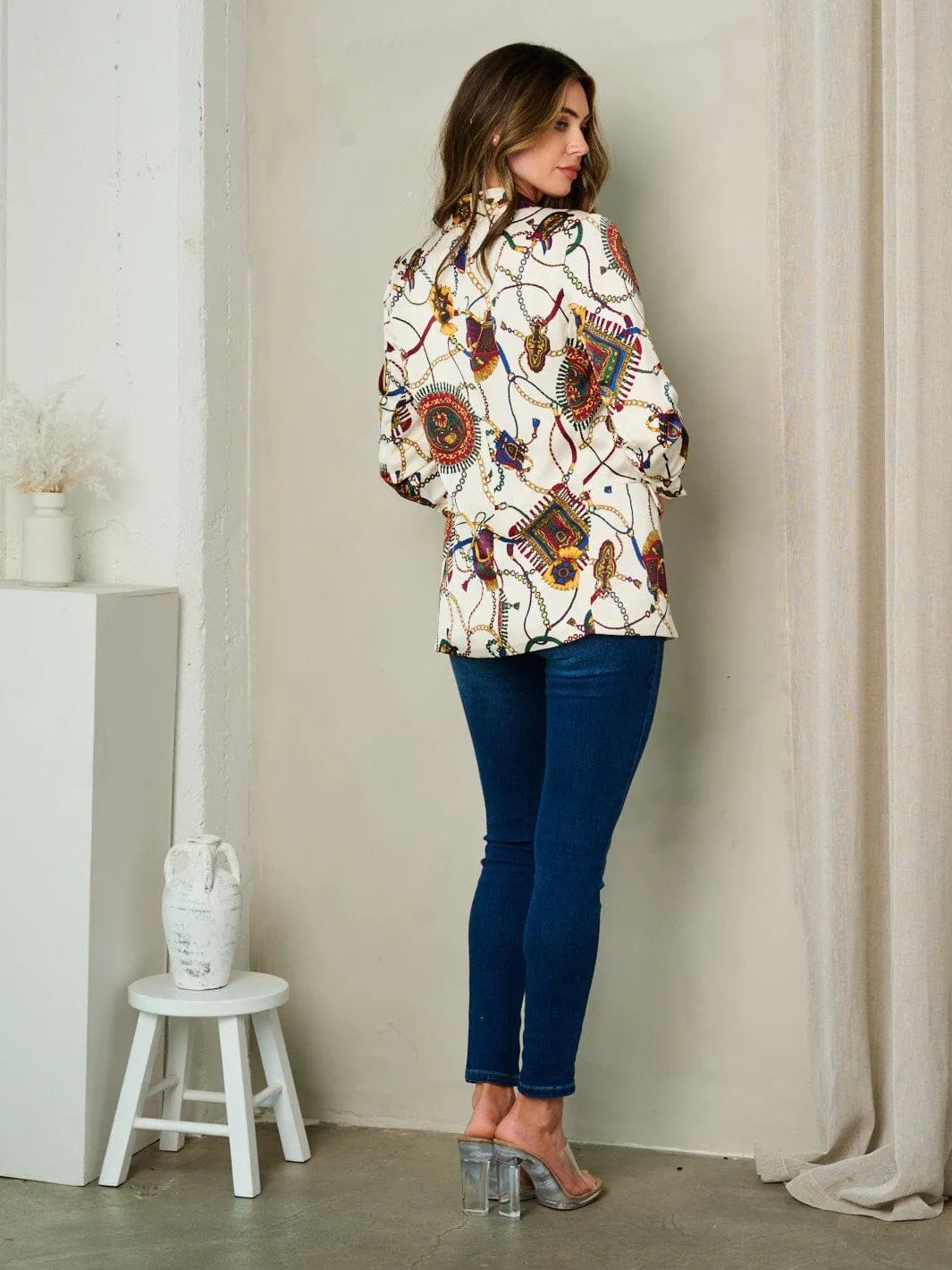 WOMEN'S 3/4 SLEEVE OPEN FRONT MULTI PRINT BLAZER
