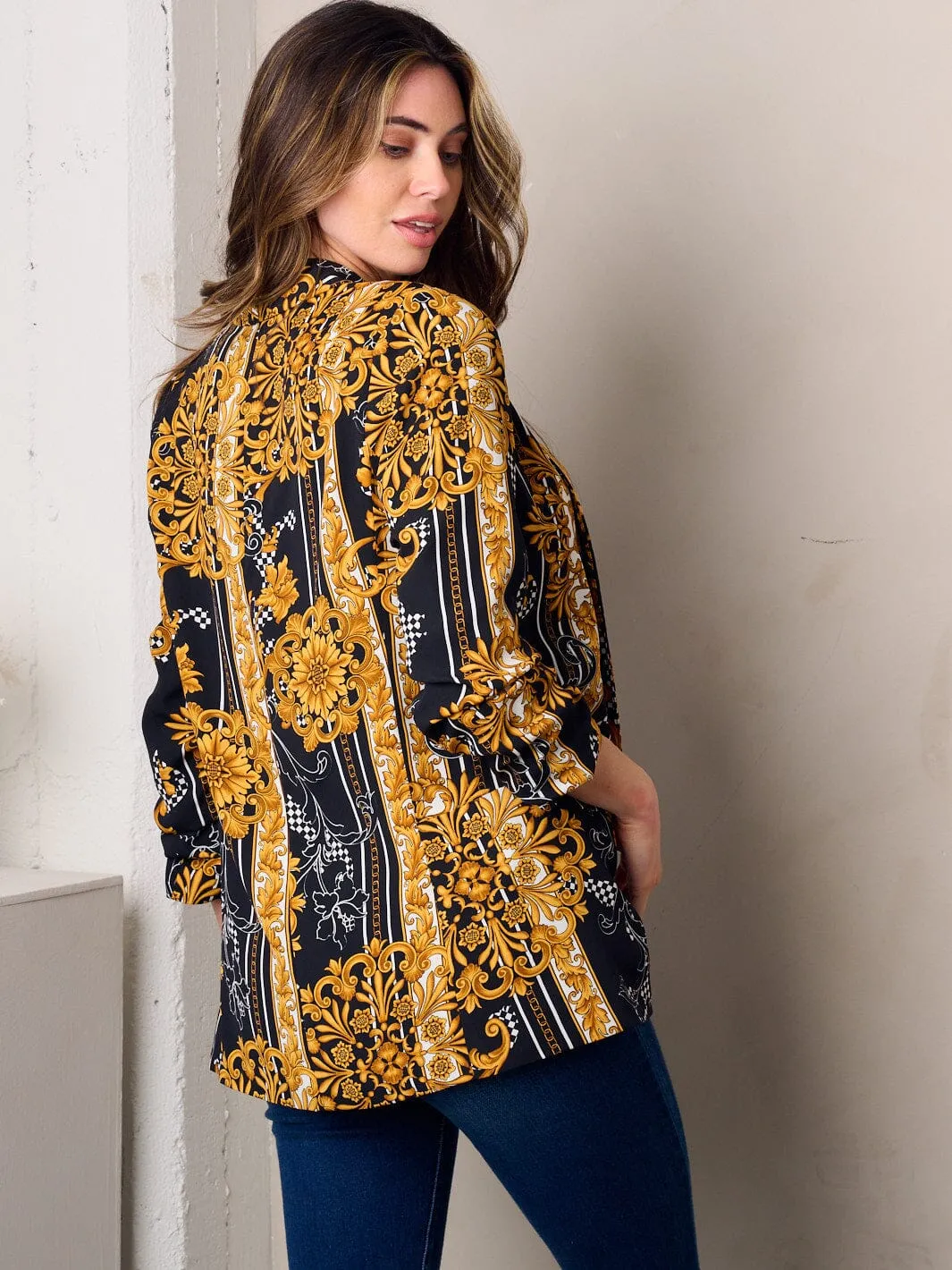 WOMEN'S 3/4 SLEEVE OPEN FRONT MULTI PRINT BLAZER