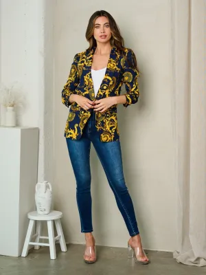 WOMEN'S 3/4 SLEEVE OPEN FRONT MULTI PRINT BLAZER