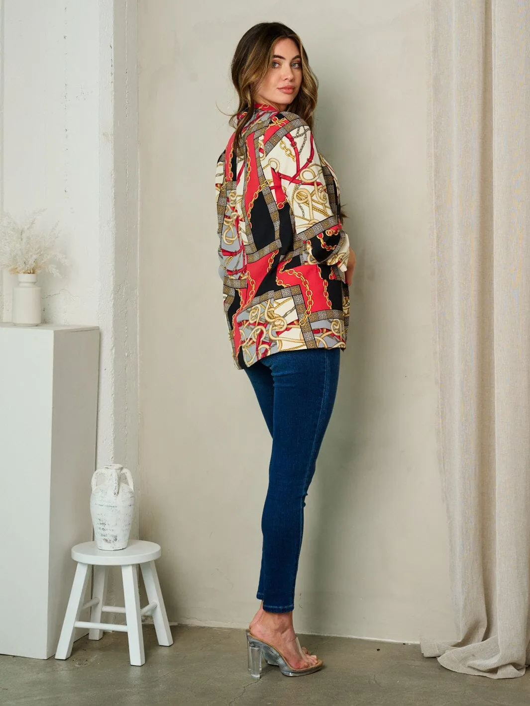 WOMEN'S 3/4 SLEEVE OPEN FRONT MULTI PRINT BLAZER
