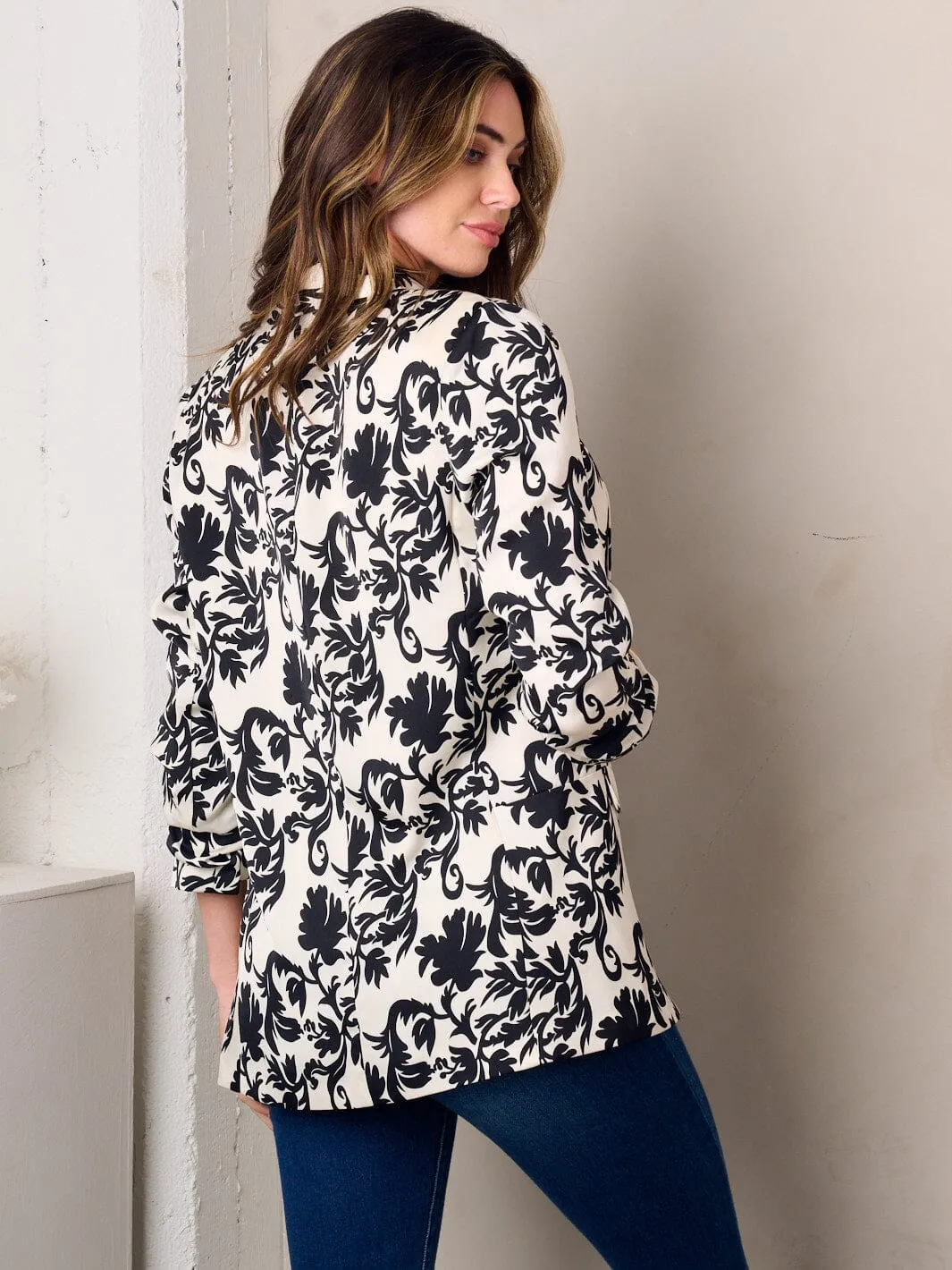 WOMEN'S 3/4 SLEEVE OPEN FRONT MULTI PRINT BLAZER