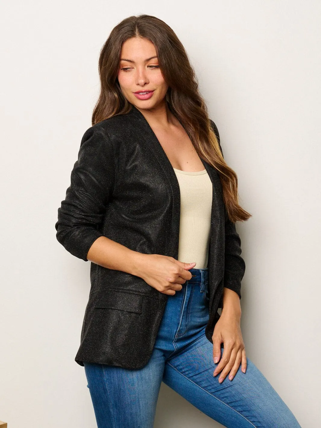 WOMEN'S 3/4 SLEEVES OPEN FRONT SHIMMER BLAZER