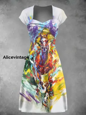 Women's Derby Horse Oil Painting Print Dress