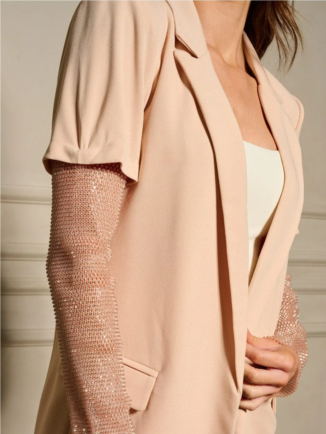 WOMEN'S LONG MESH STUDS SLEEVE OPEN FRONT BLAZER