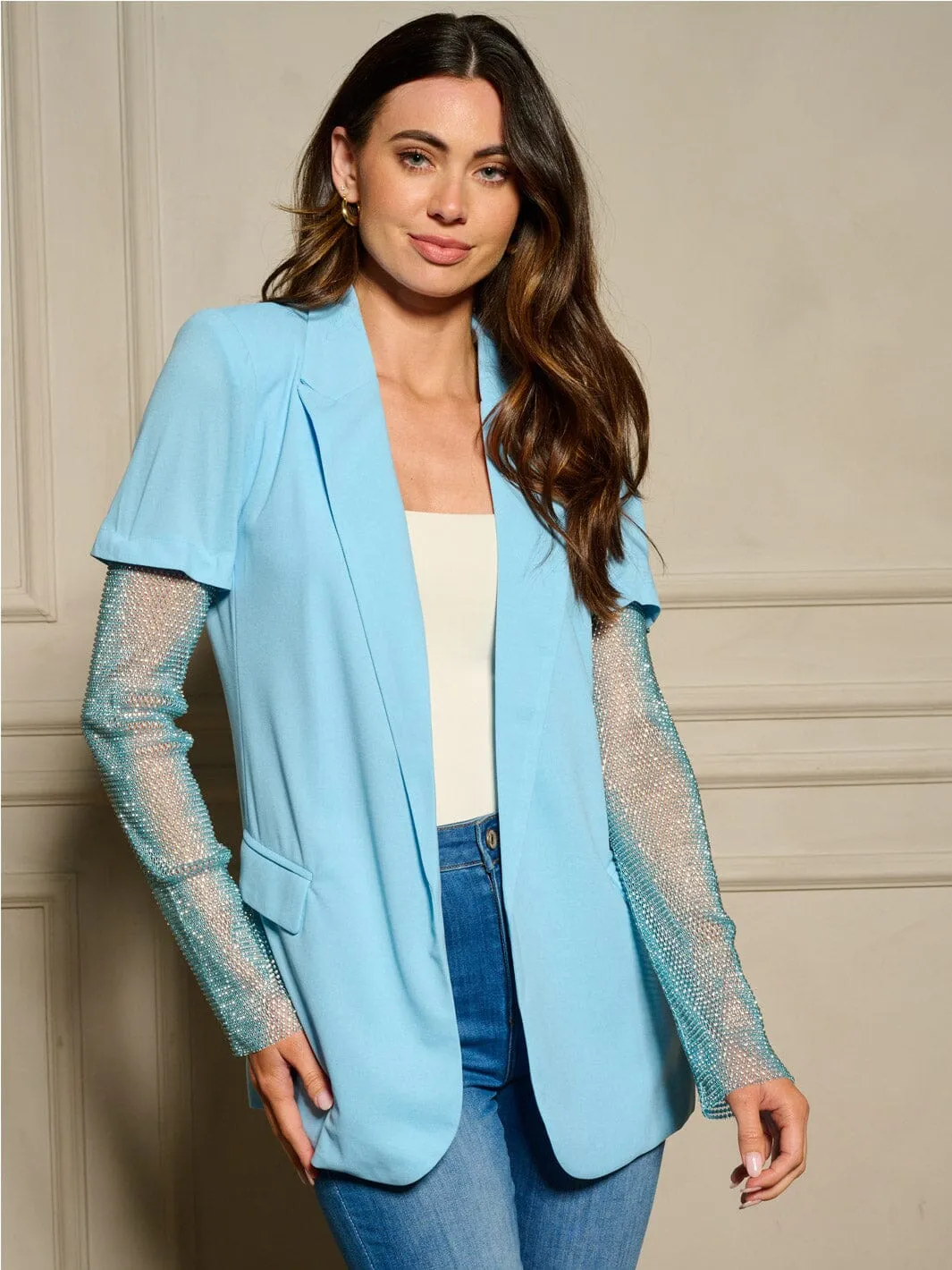 WOMEN'S LONG MESH STUDS SLEEVE OPEN FRONT BLAZER