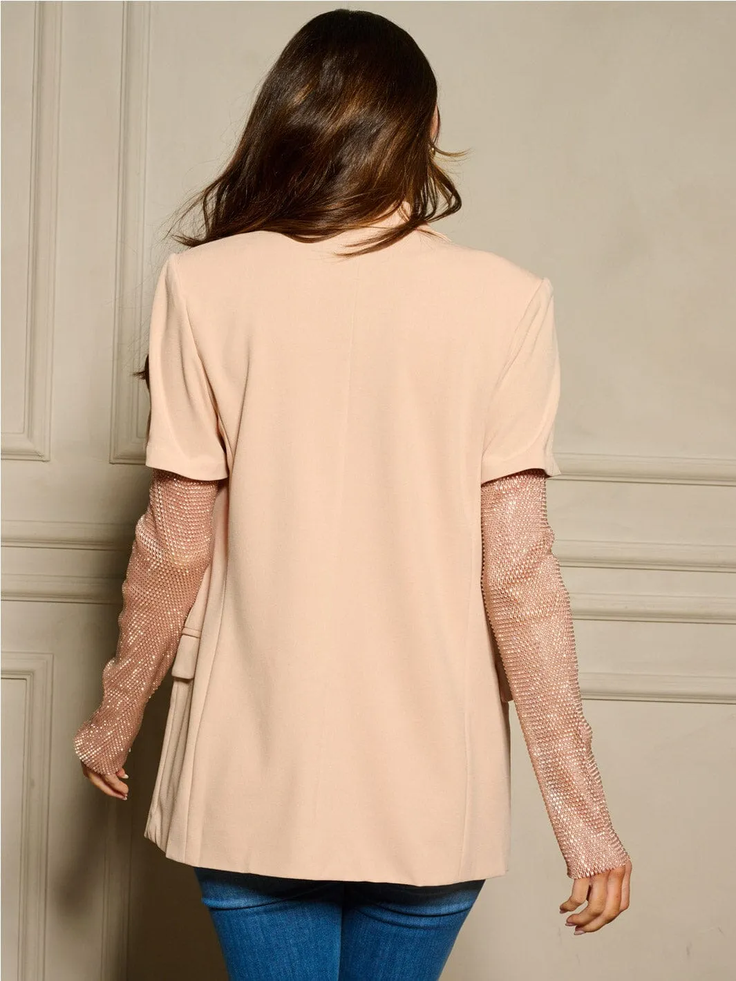 WOMEN'S LONG MESH STUDS SLEEVE OPEN FRONT BLAZER