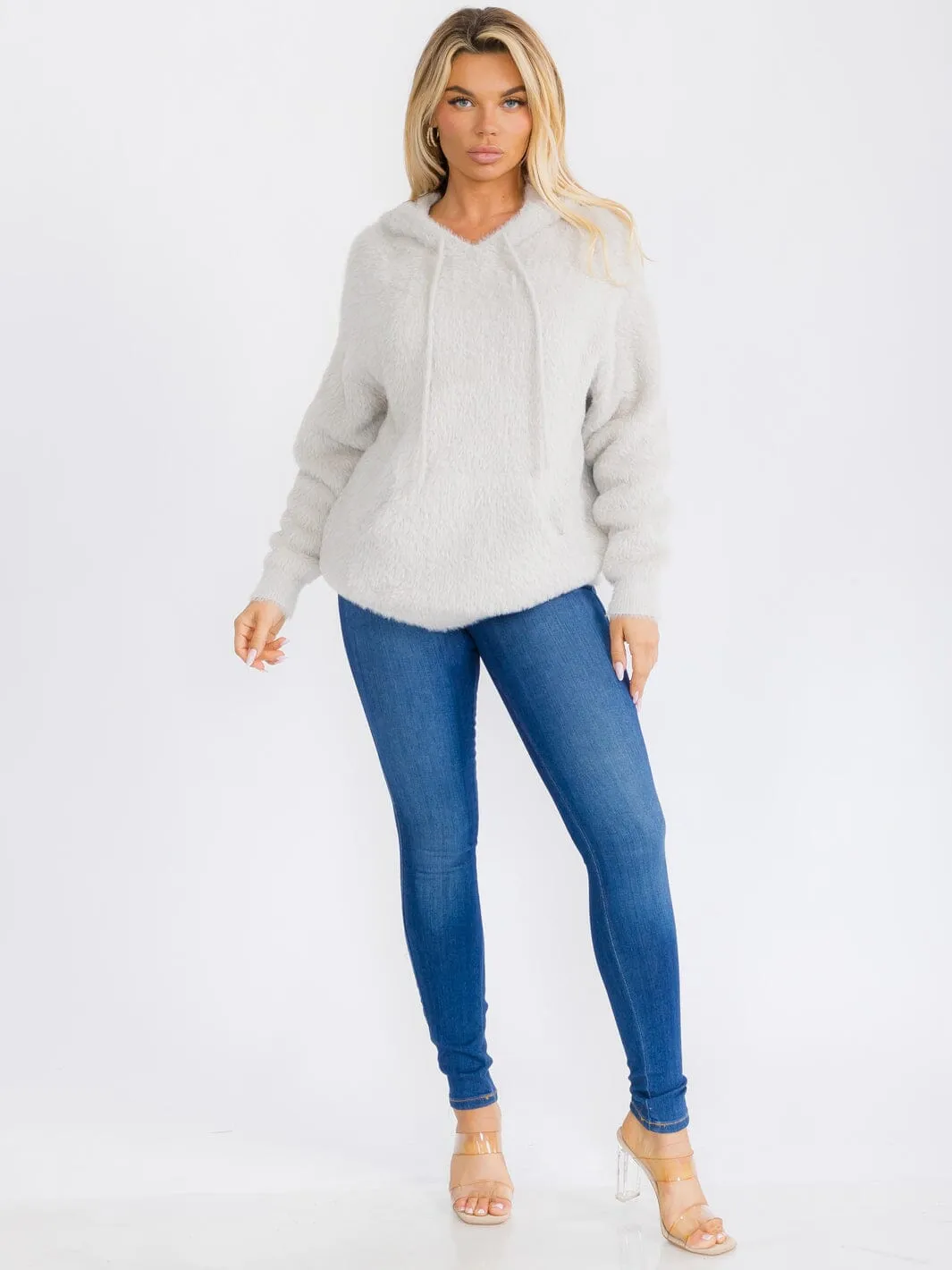 WOMEN'S LONG SLEEVE FRONT POCKET HOODED PULLOVER FUZZY SWEATER