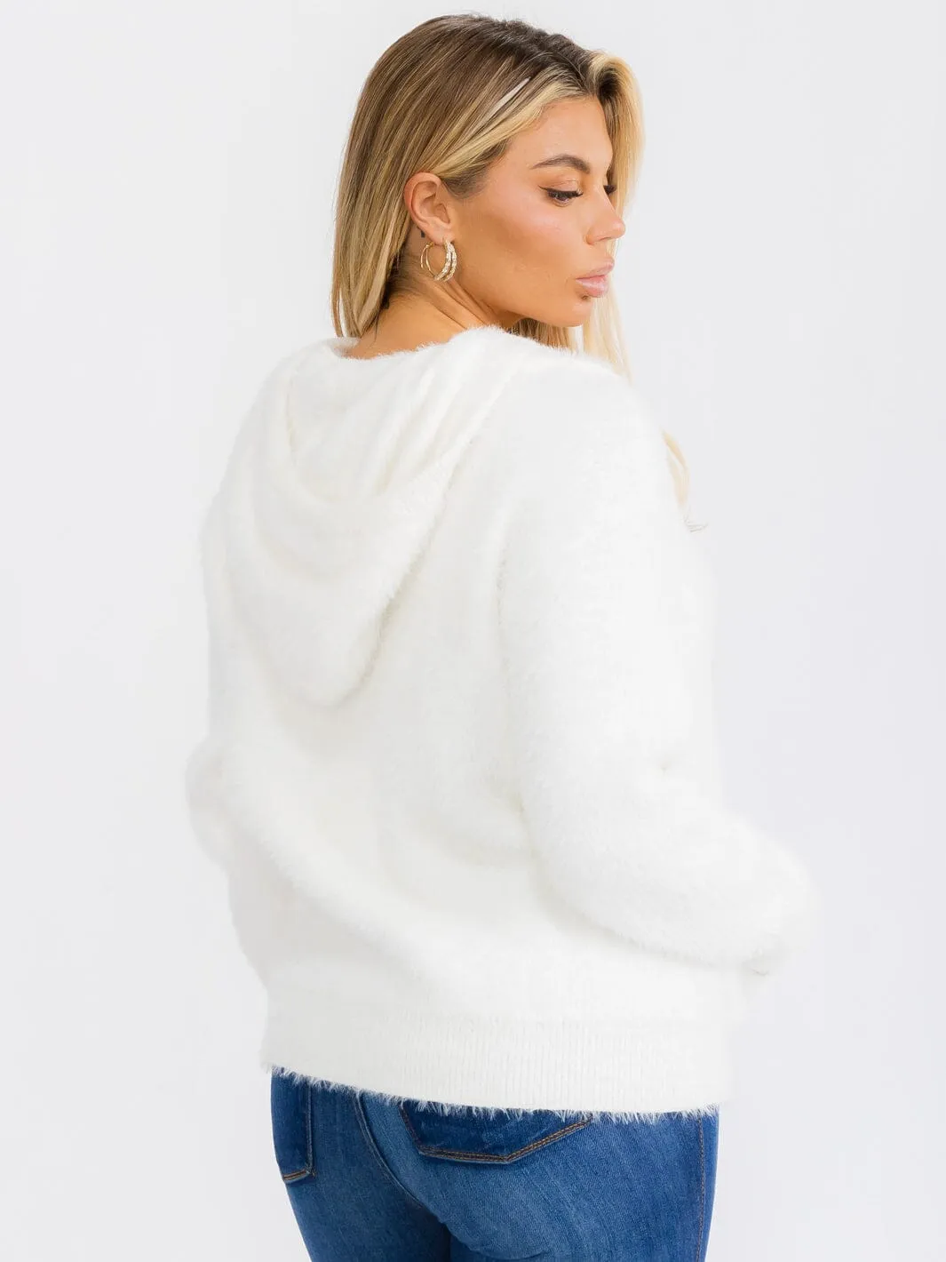 WOMEN'S LONG SLEEVE FRONT POCKET HOODED PULLOVER FUZZY SWEATER