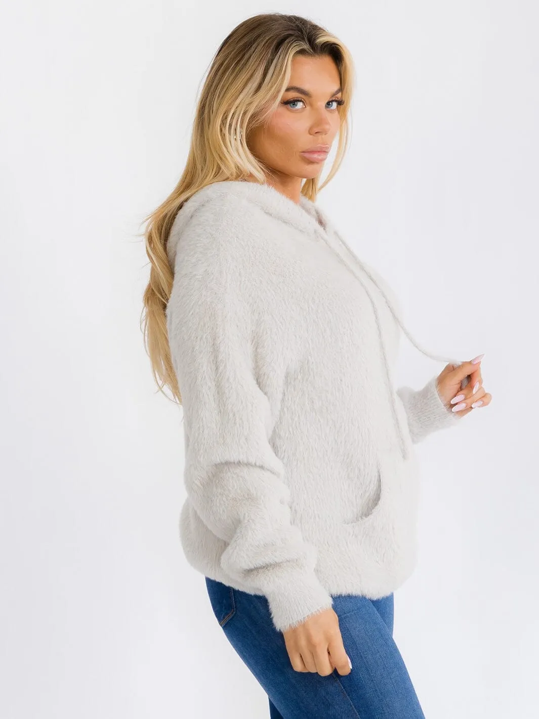 WOMEN'S LONG SLEEVE FRONT POCKET HOODED PULLOVER FUZZY SWEATER
