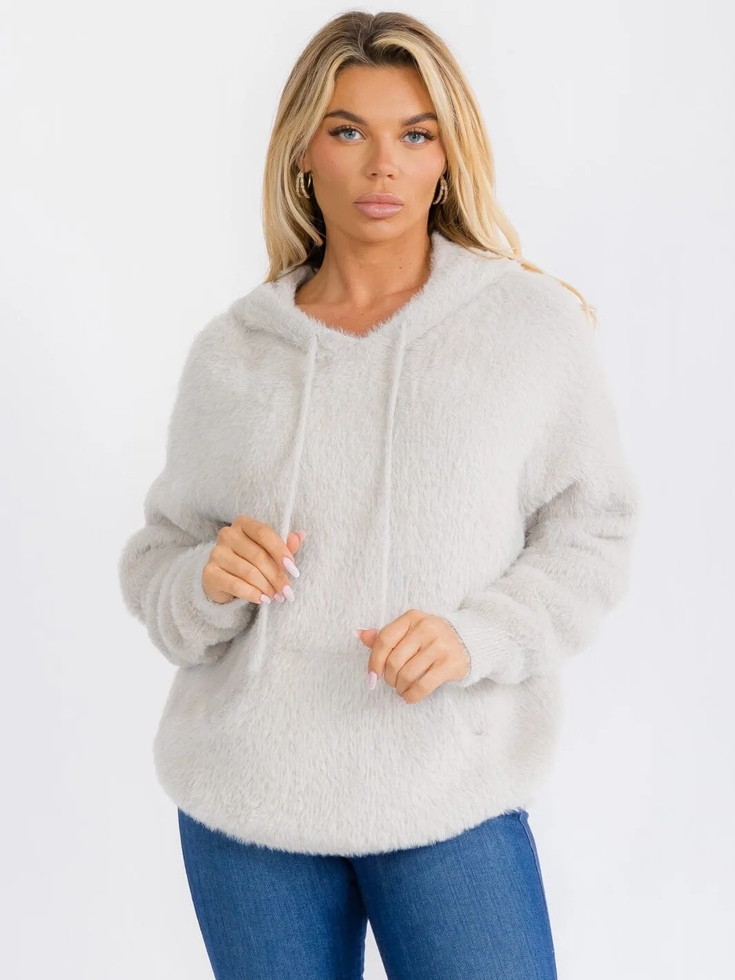 WOMEN'S LONG SLEEVE FRONT POCKET HOODED PULLOVER FUZZY SWEATER