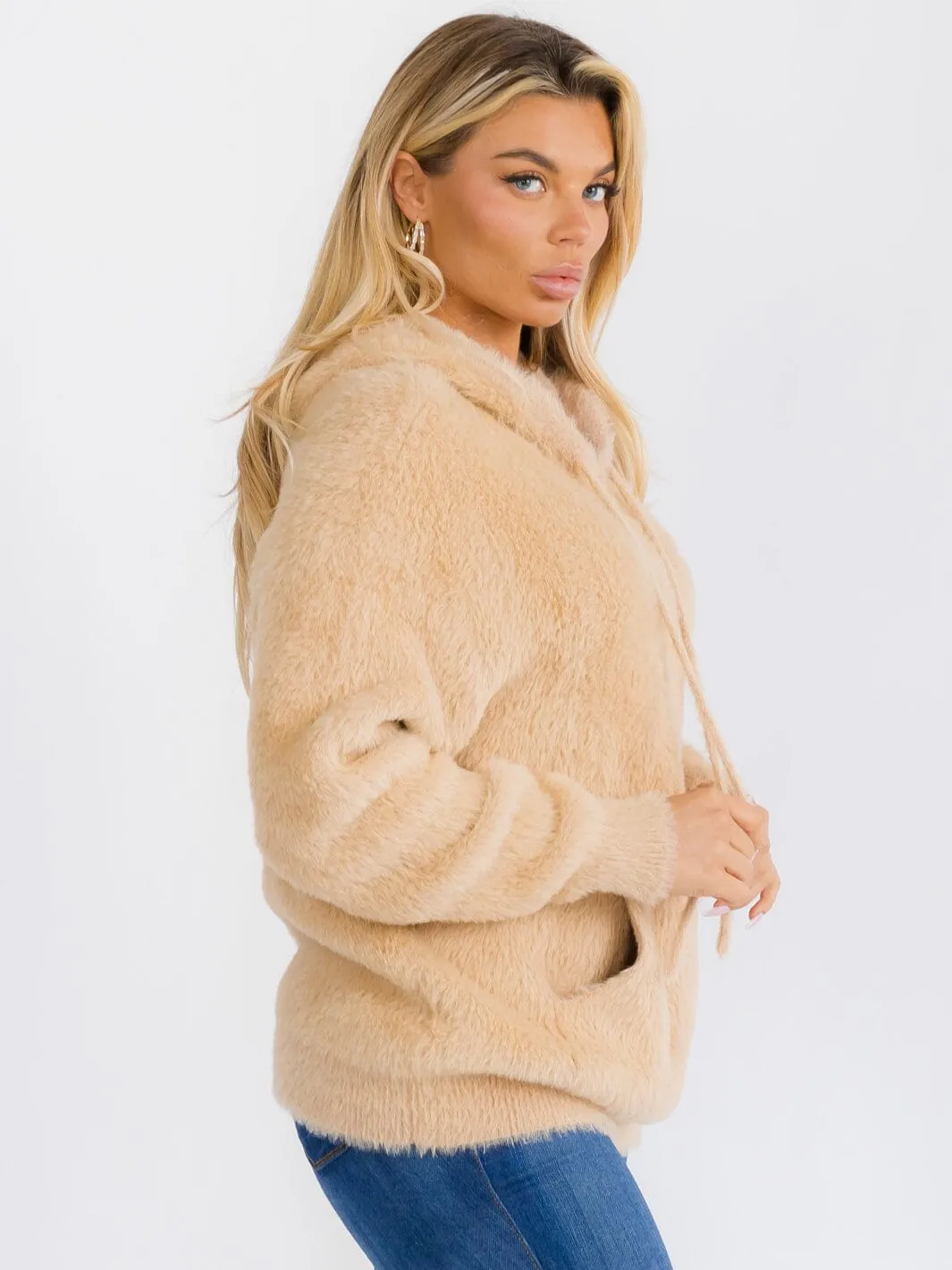 WOMEN'S LONG SLEEVE FRONT POCKET HOODED PULLOVER FUZZY SWEATER