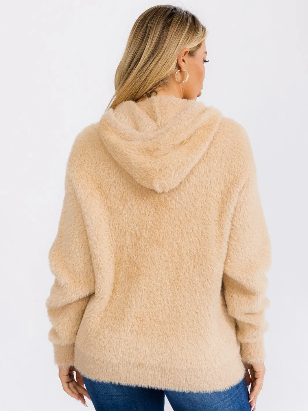 WOMEN'S LONG SLEEVE FRONT POCKET HOODED PULLOVER FUZZY SWEATER