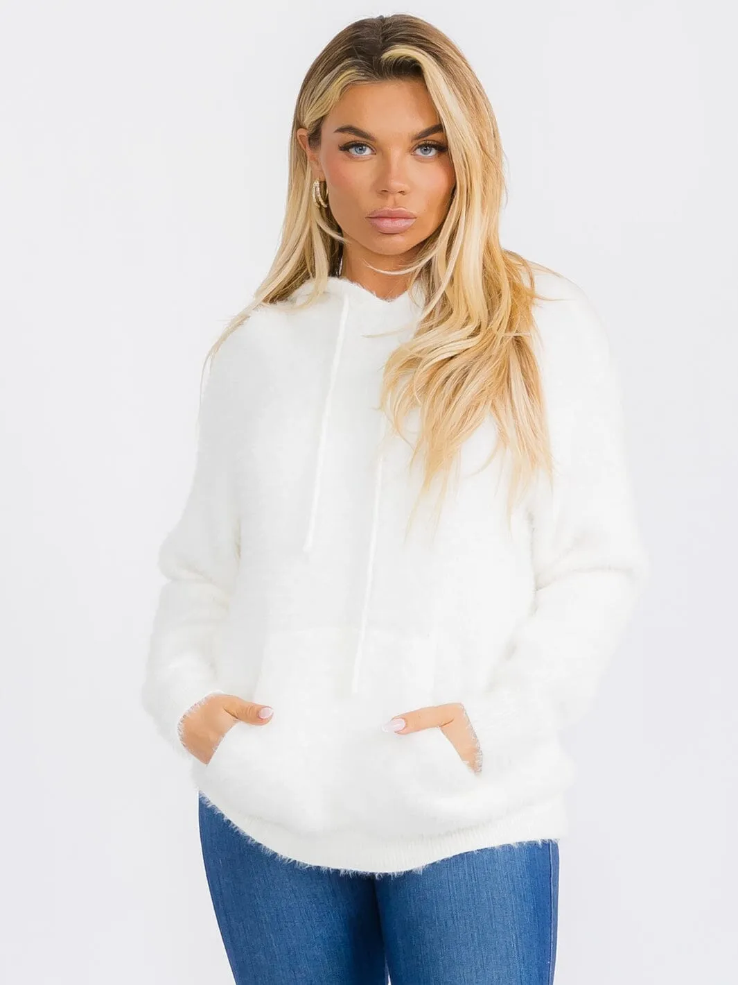 WOMEN'S LONG SLEEVE FRONT POCKET HOODED PULLOVER FUZZY SWEATER