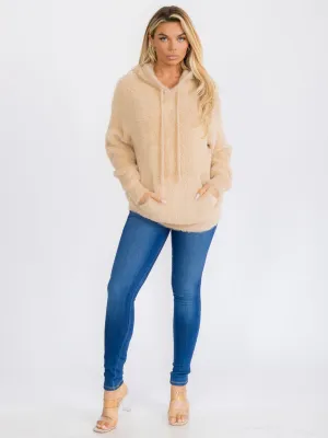 WOMEN'S LONG SLEEVE FRONT POCKET HOODED PULLOVER FUZZY SWEATER