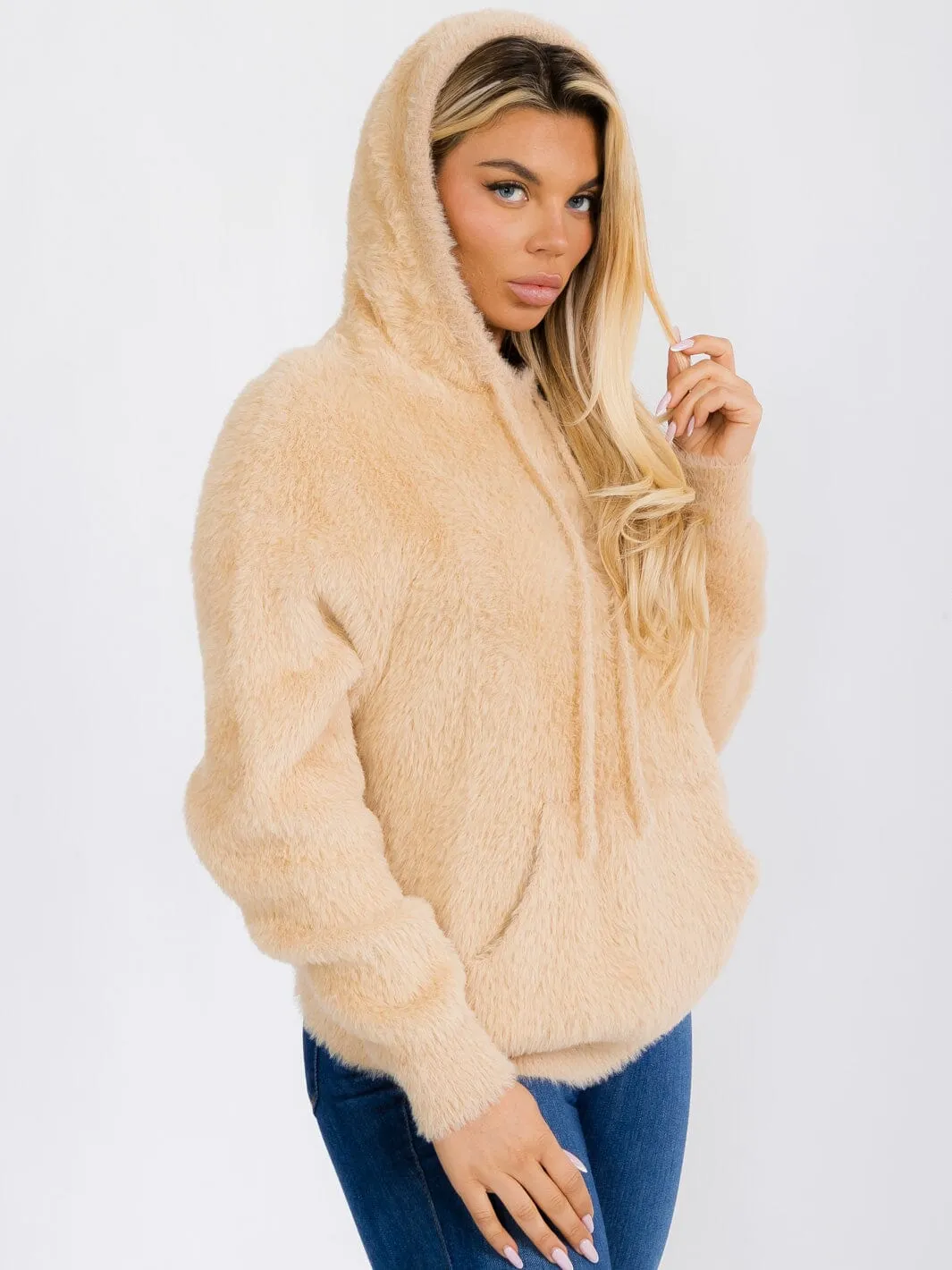 WOMEN'S LONG SLEEVE FRONT POCKET HOODED PULLOVER FUZZY SWEATER
