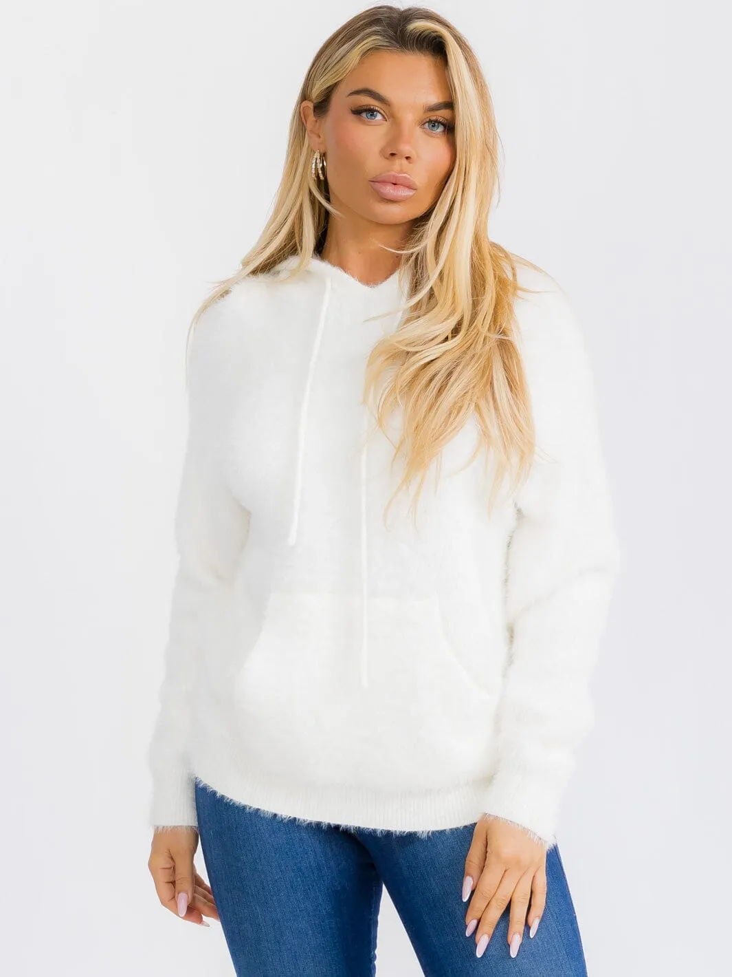 WOMEN'S LONG SLEEVE FRONT POCKET HOODED PULLOVER FUZZY SWEATER