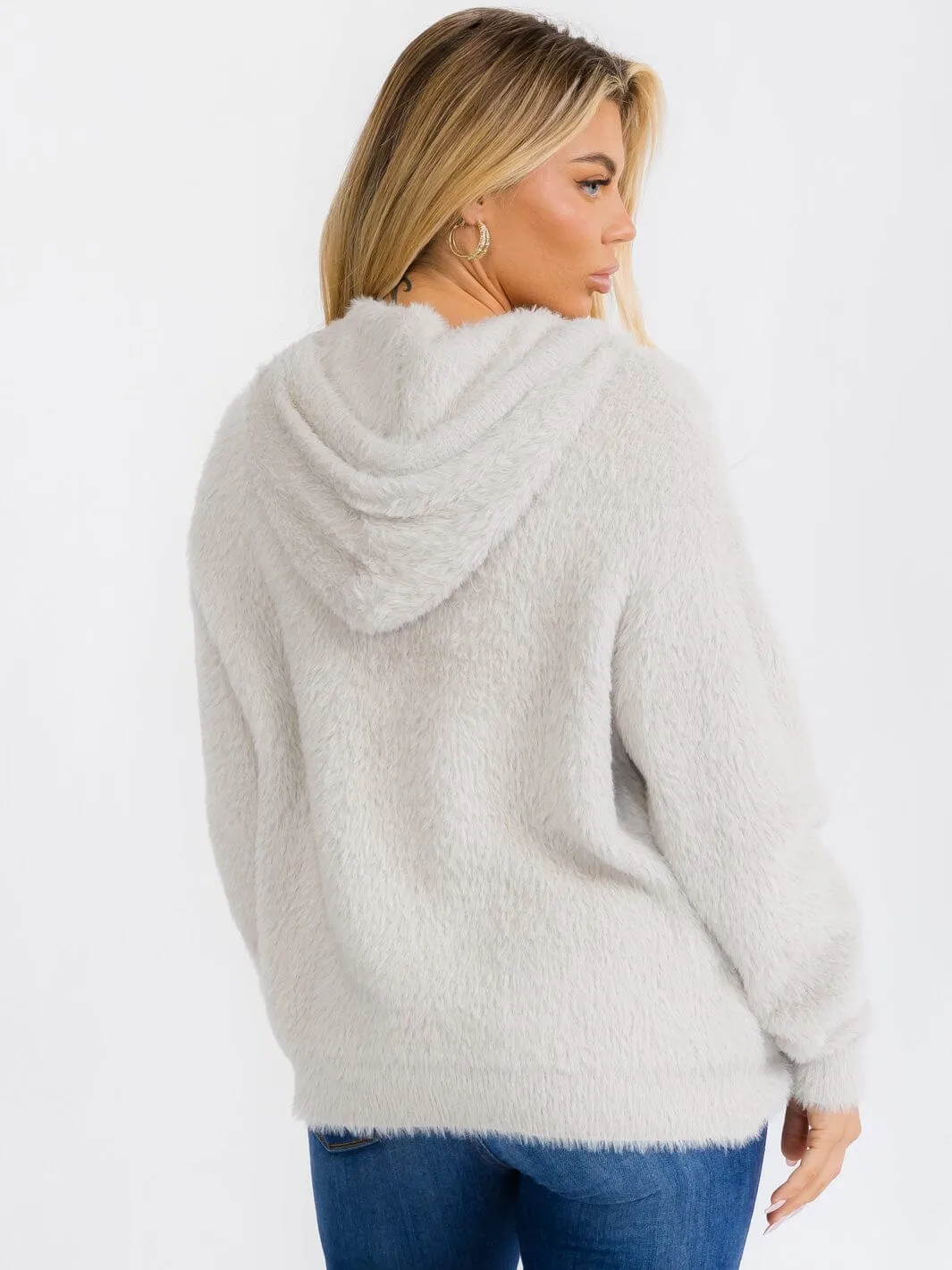 WOMEN'S LONG SLEEVE FRONT POCKET HOODED PULLOVER FUZZY SWEATER