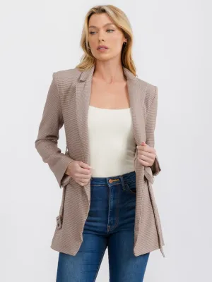 WOMEN'S LONG SLEEVE OPEN FRONT POCKETS BELTED BLAZER