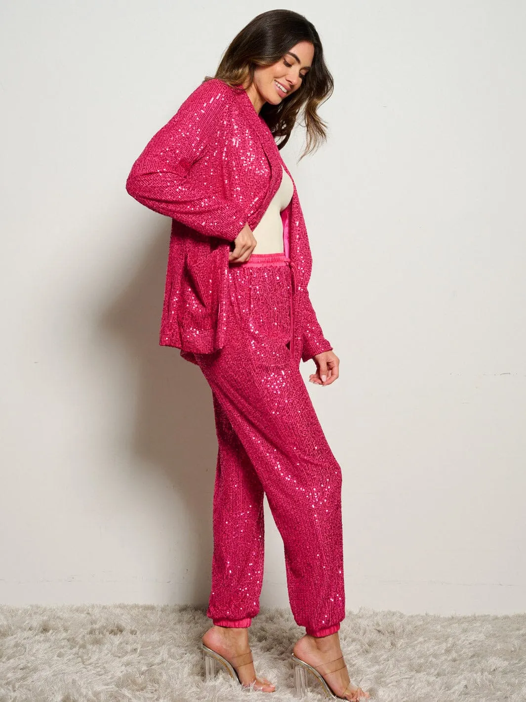 WOMEN'S LONG SLEEVE OPEN FRONT POCKETS SEQUINS BLAZER