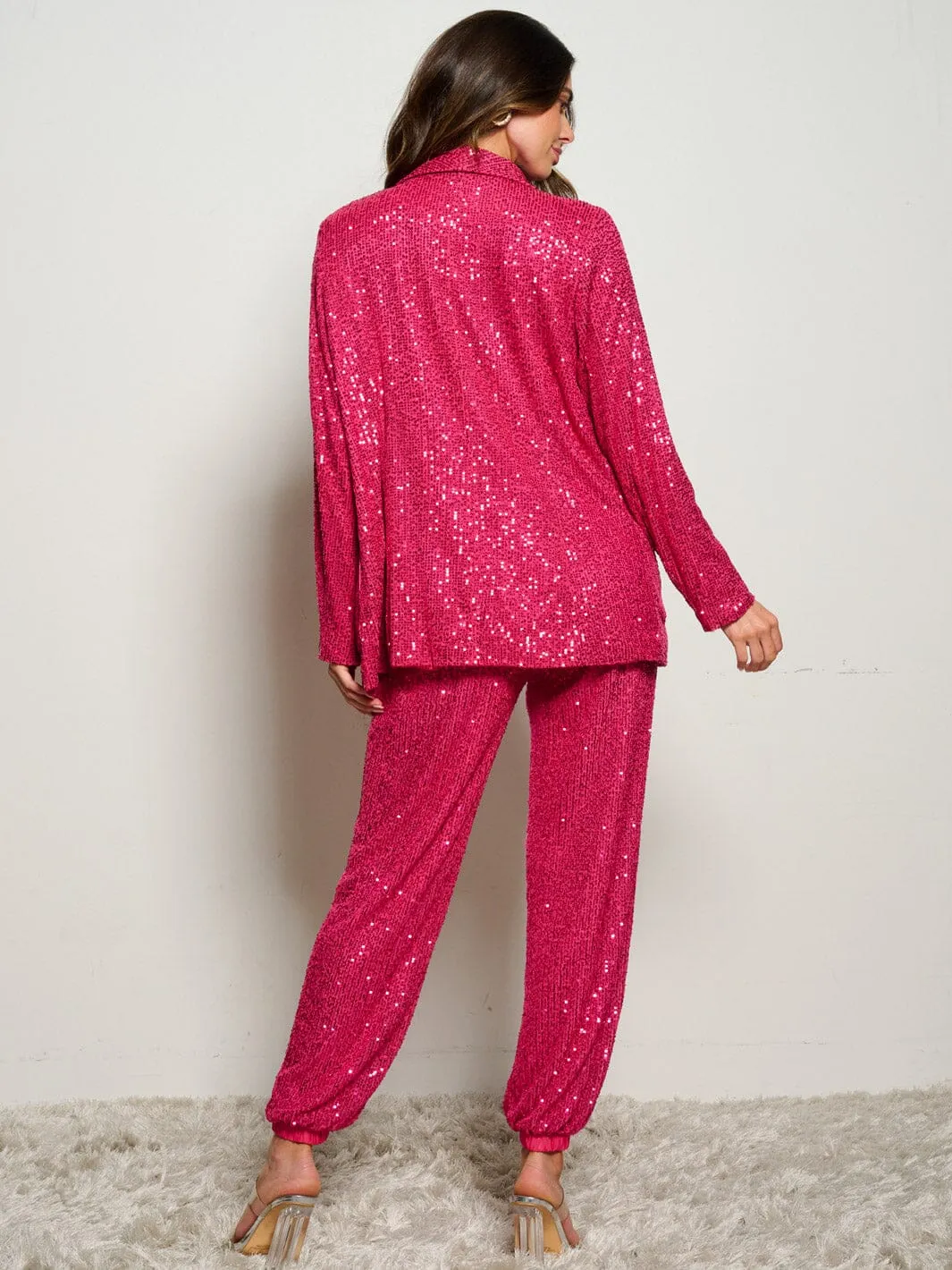 WOMEN'S LONG SLEEVE OPEN FRONT POCKETS SEQUINS BLAZER
