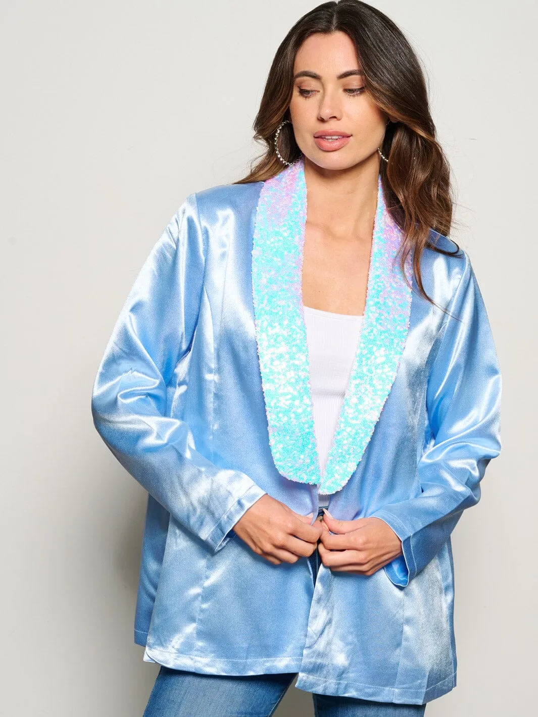 WOMEN'S LONG SLEEVE OPEN FRONT SEQUINS COLLAR BLAZER