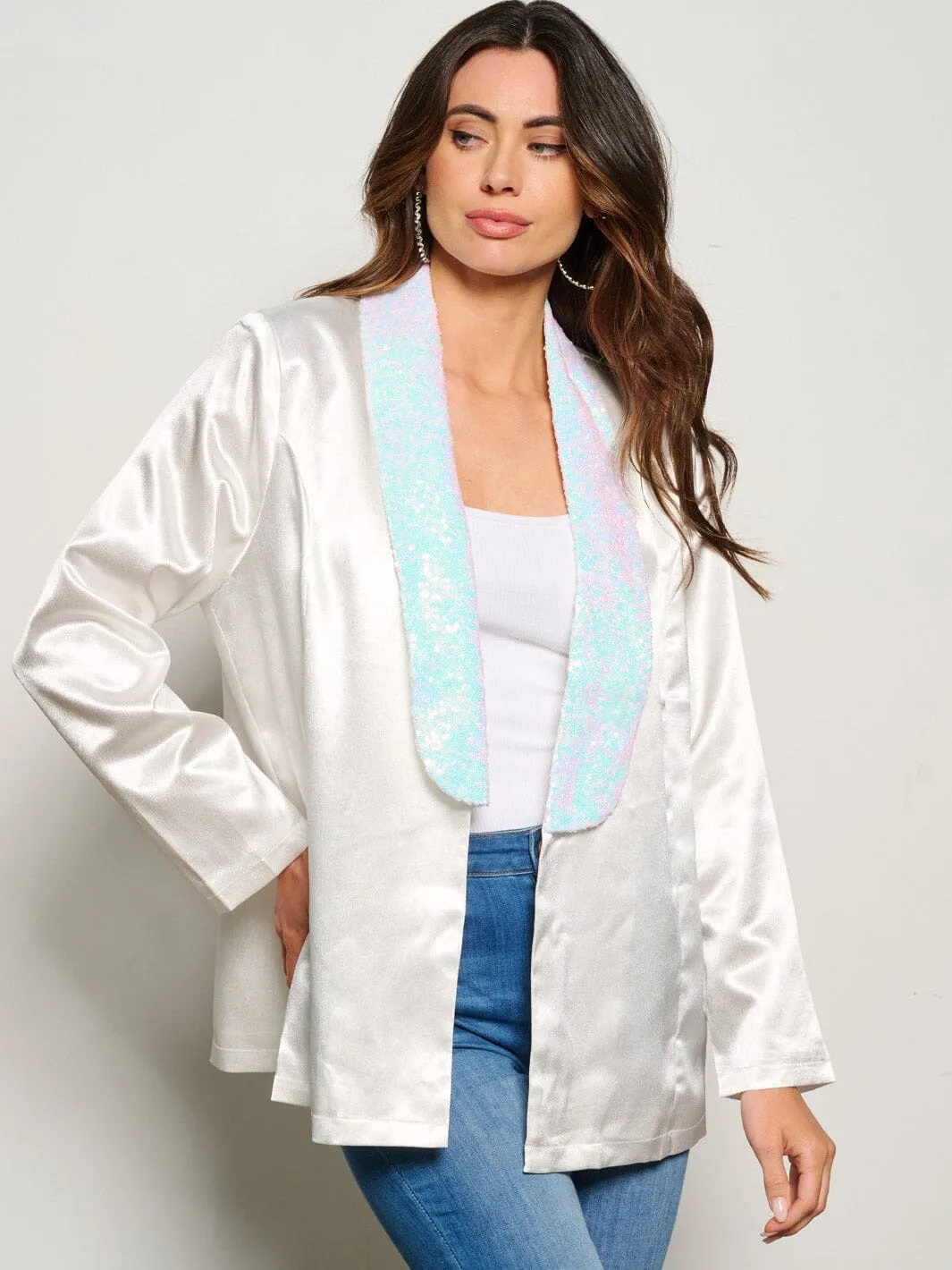 WOMEN'S LONG SLEEVE OPEN FRONT SEQUINS COLLAR BLAZER