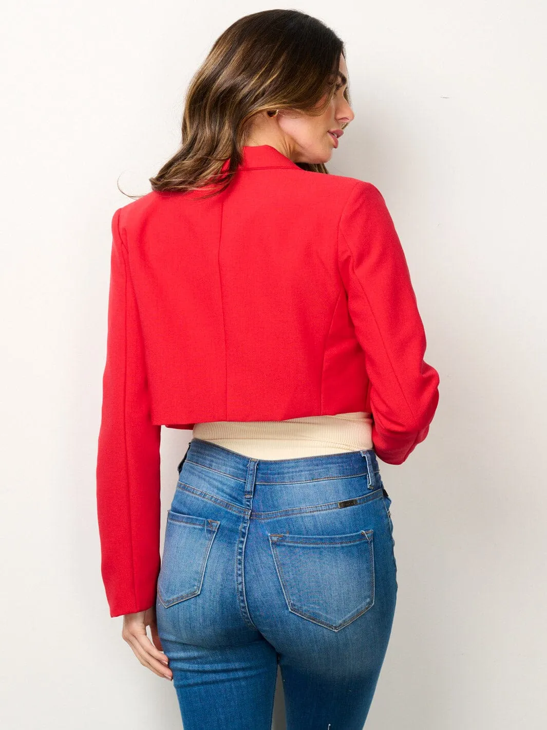 WOMEN'S LONG SLEEVE OPEN FRONT STUDS TRIM DETAILED CROP BLAZER