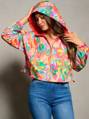 WOMEN'S LONG SLEEVE ZIP UP HOODED MULTI PRINT JACKET