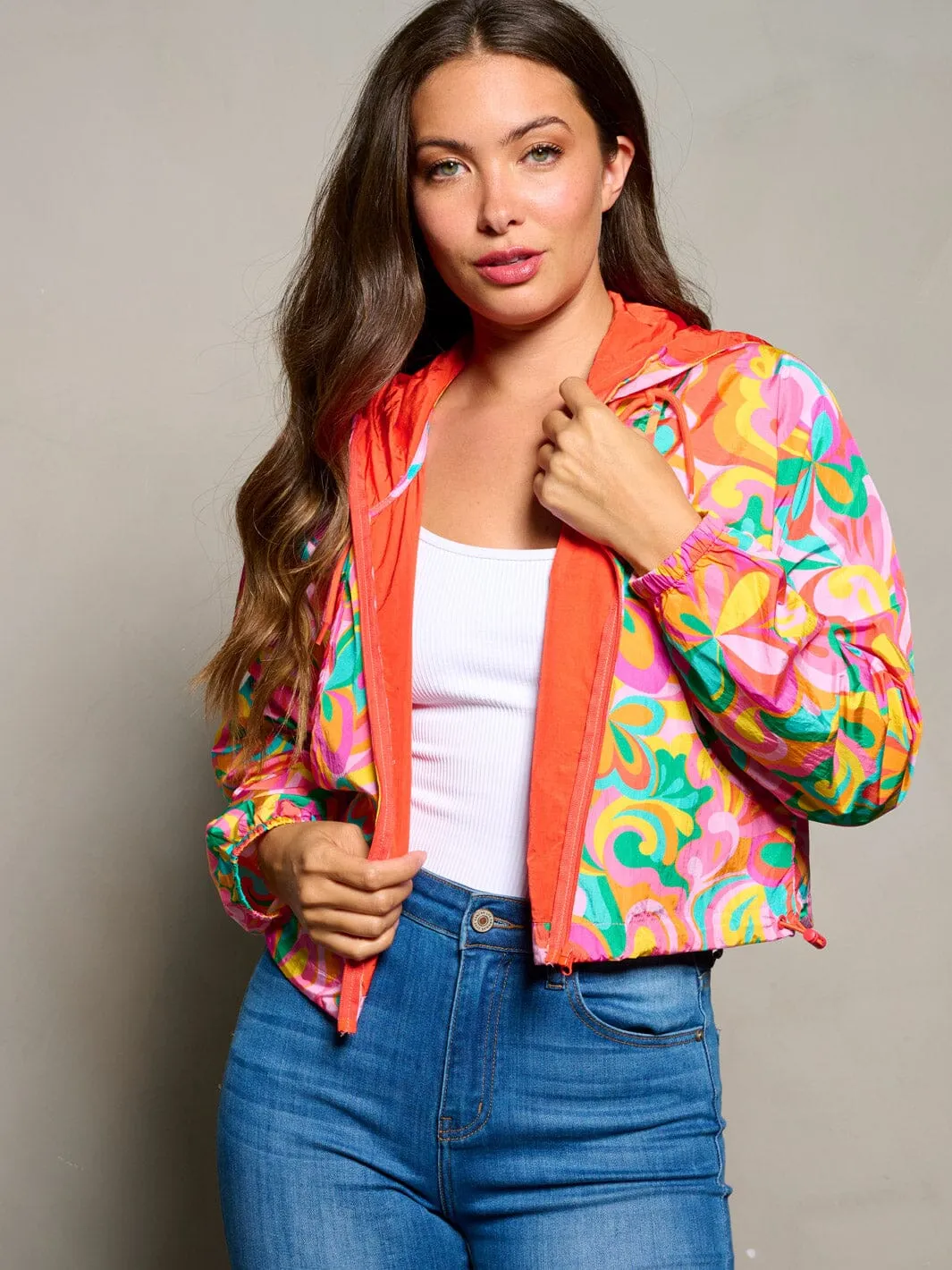 WOMEN'S LONG SLEEVE ZIP UP HOODED MULTI PRINT JACKET