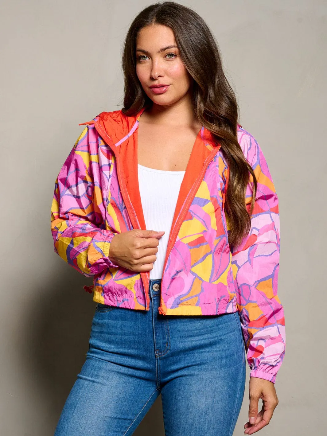 WOMEN'S LONG SLEEVE ZIP UP HOODED MULTI PRINT JACKET