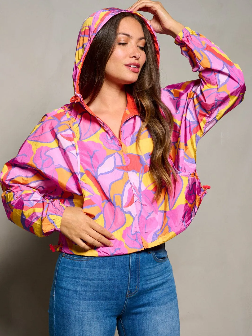 WOMEN'S LONG SLEEVE ZIP UP HOODED MULTI PRINT JACKET